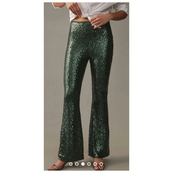 NWOT Anthropologie Joni Sequin Flare Pants in Dark Green Size 10 - Picture 2 of 14